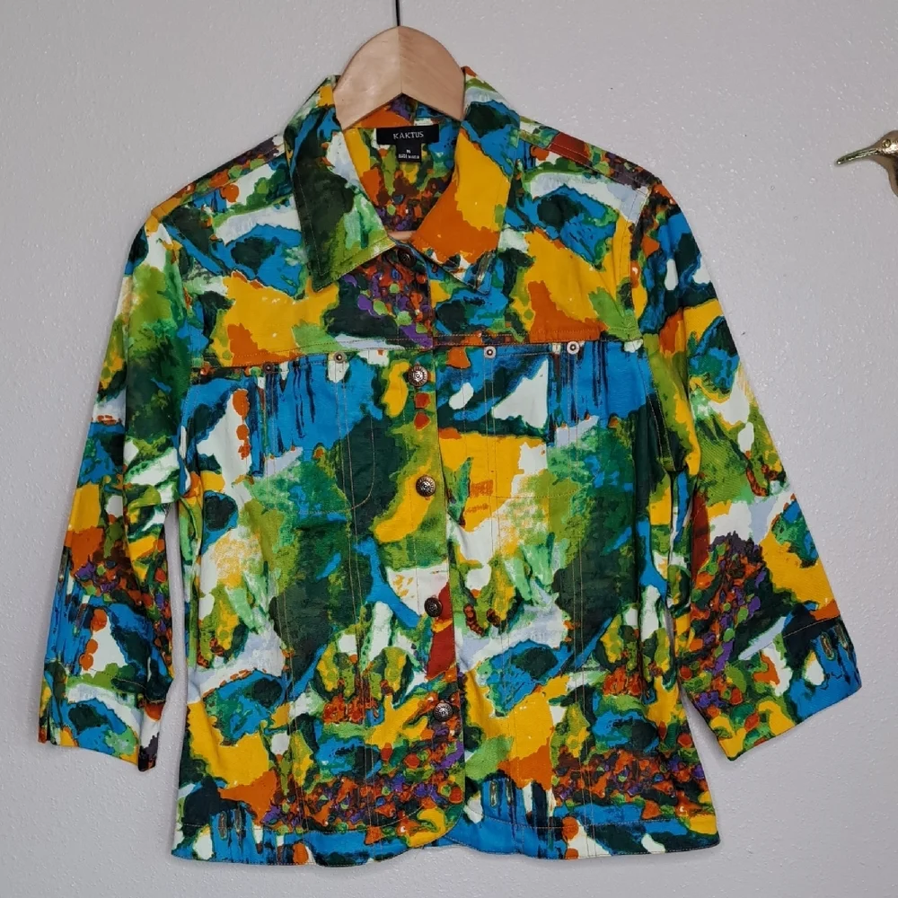 Vintage Women’s Kaktus Art To Wear Cotton Soft Denim Multicolored Jacket Size M - Picture 2 of 14